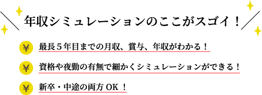 ・最長５年目までの月収、賞与、年収がわかる！・資格や夜勤の有無まで細かくシミュレーションできる！・新卒、中途の両方OK！