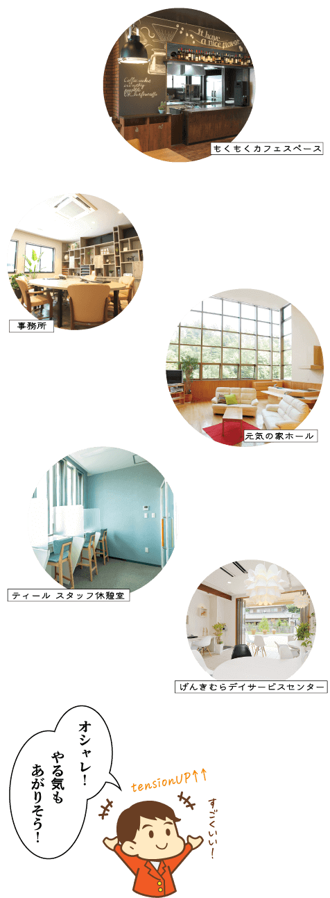 もくもくカフェスペース、事務所、元気の家ホール、ティールのスタッフ休憩所、元気村デイサービスセンターの写真