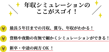 ・最長５年目までの月収、賞与、年収がわかる！・資格や夜勤の有無まで細かくシミュレーションできる！・新卒、中途の両方OK！
